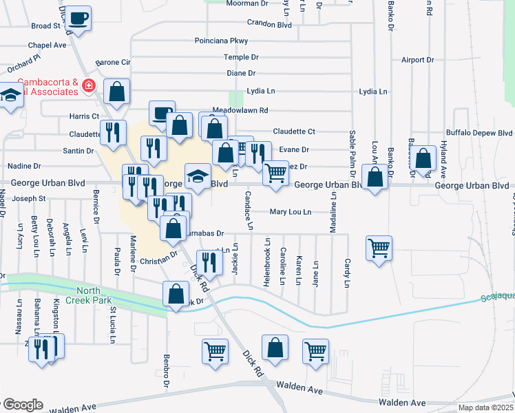 map of restaurants, bars, coffee shops, grocery stores, and more near 8 Mary Lou Lane in Depew