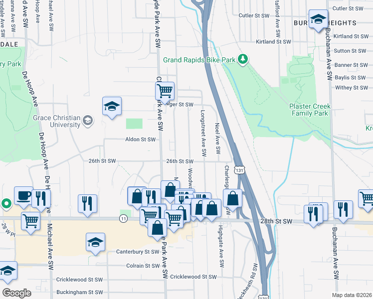 map of restaurants, bars, coffee shops, grocery stores, and more near 2533 Woodward Avenue Southwest in Wyoming