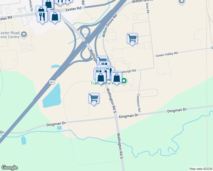 map of restaurants, bars, coffee shops, grocery stores, and more near 4350 Wellington Road South in London