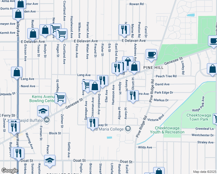 map of restaurants, bars, coffee shops, grocery stores, and more near 2234 Genesee Street in Buffalo