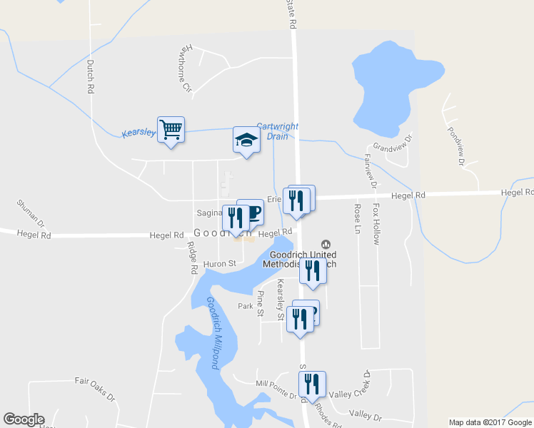map of restaurants, bars, coffee shops, grocery stores, and more near 8038 Clarence Street in Goodrich