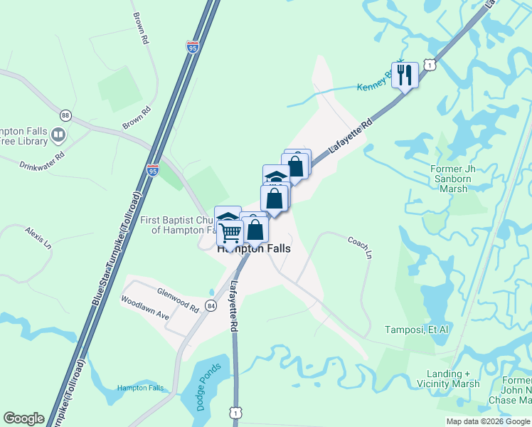 map of restaurants, bars, coffee shops, grocery stores, and more near 98 Lafayette Road in Hampton Falls