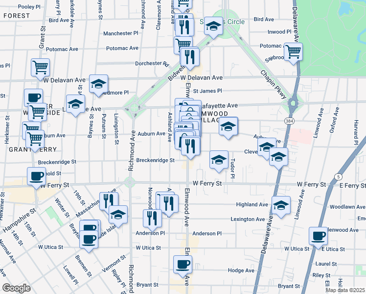 map of restaurants, bars, coffee shops, grocery stores, and more near 766 Elmwood Avenue in Buffalo
