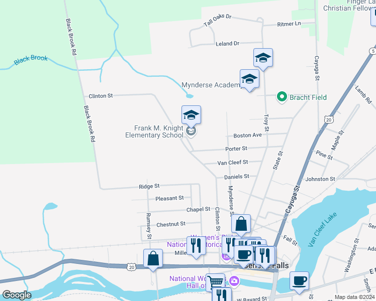 map of restaurants, bars, coffee shops, grocery stores, and more near Clinton Street in Seneca Falls