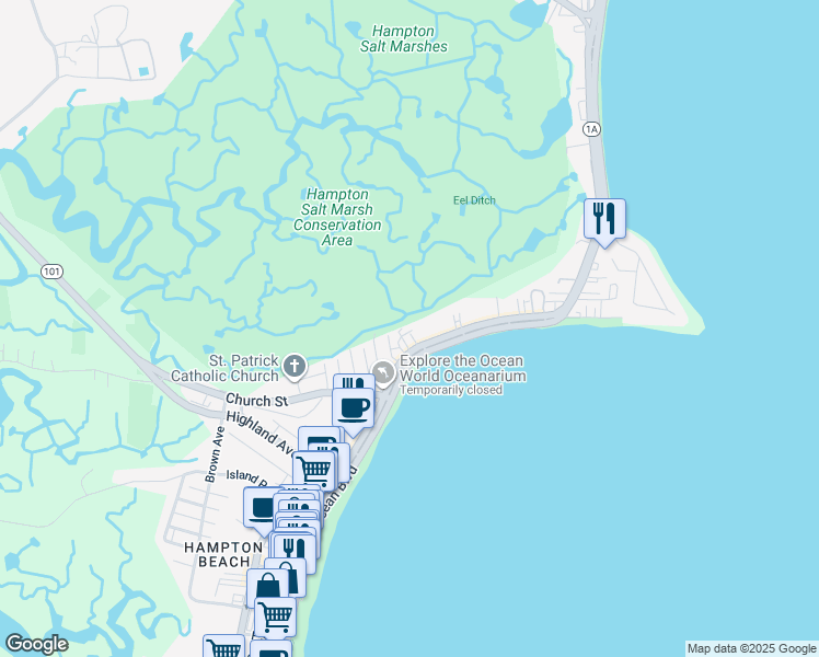 map of restaurants, bars, coffee shops, grocery stores, and more near 401C Ocean Boulevard in Hampton