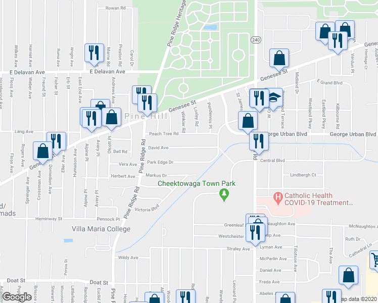map of restaurants, bars, coffee shops, grocery stores, and more near 85 David Avenue in Buffalo