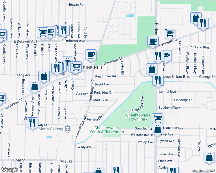 map of restaurants, bars, coffee shops, grocery stores, and more near 46 David Avenue in Cheektowaga