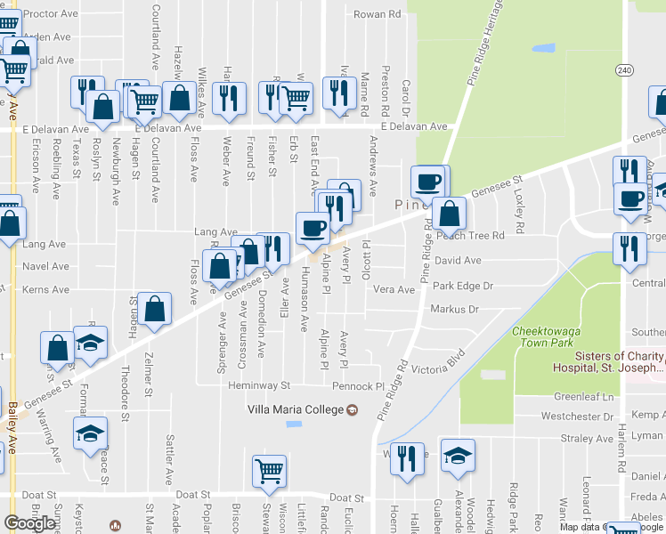 map of restaurants, bars, coffee shops, grocery stores, and more near 35 Avery Place in Buffalo