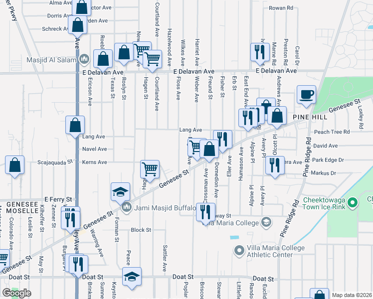 map of restaurants, bars, coffee shops, grocery stores, and more near 54 Rogers Avenue in Buffalo