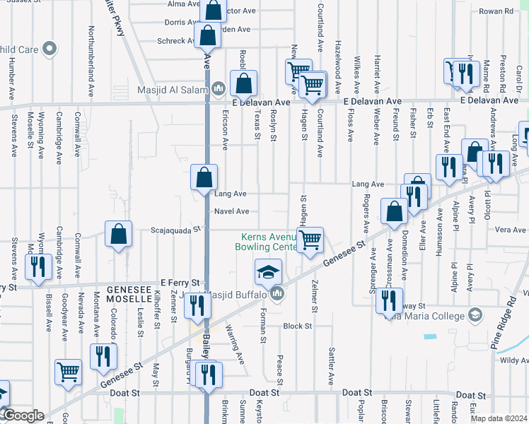 map of restaurants, bars, coffee shops, grocery stores, and more near 25 Audrey Lane in Buffalo