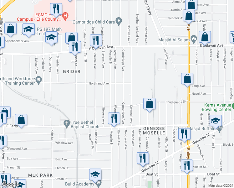 map of restaurants, bars, coffee shops, grocery stores, and more near 125 Wyoming Avenue in Buffalo
