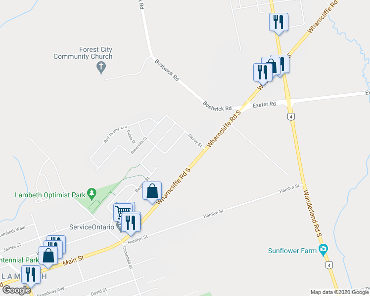 map of restaurants, bars, coffee shops, grocery stores, and more near 3967 Savoy Street in London