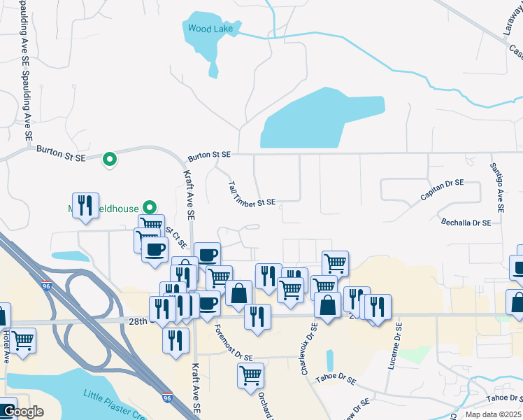 map of restaurants, bars, coffee shops, grocery stores, and more near 5778 Tall Timber Street Southeast in Grand Rapids