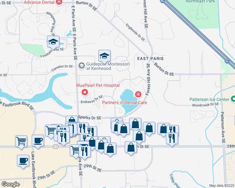 map of restaurants, bars, coffee shops, grocery stores, and more near Somerset Pointe Drive Southeast in Grand Rapids