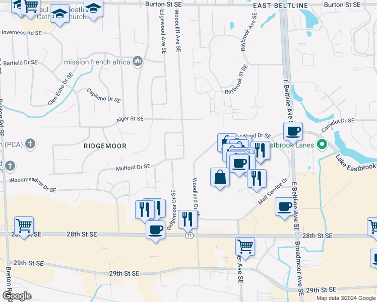 map of restaurants, bars, coffee shops, grocery stores, and more near 2462 Woodcliff Avenue Southeast in Grand Rapids