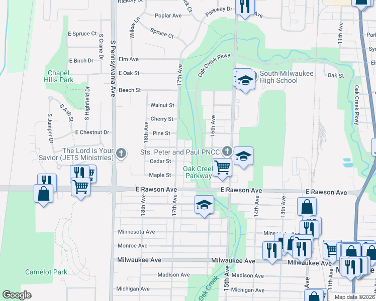 map of restaurants, bars, coffee shops, grocery stores, and more near 1633 Chestnut Street in South Milwaukee