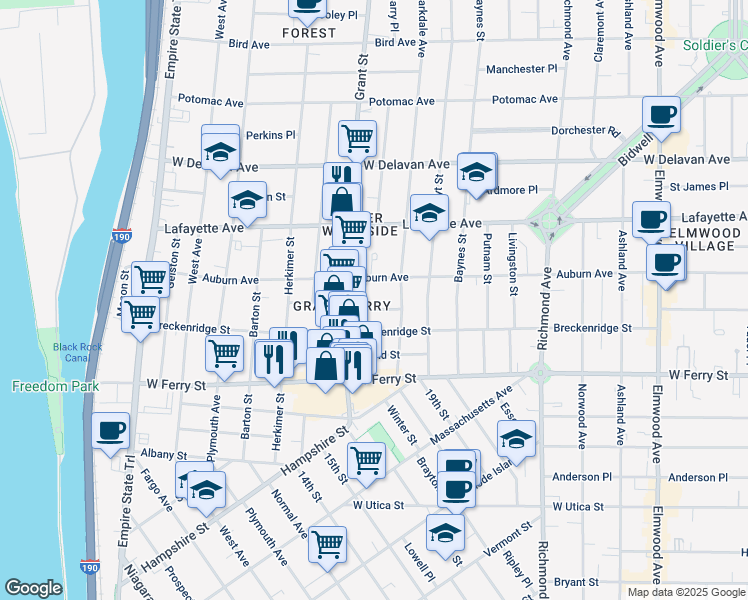 map of restaurants, bars, coffee shops, grocery stores, and more near 34 Boyd Street in Buffalo