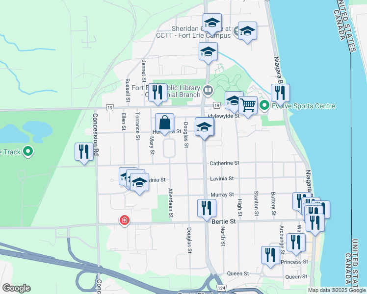 map of restaurants, bars, coffee shops, grocery stores, and more near 50 Douglas Street in Fort Erie