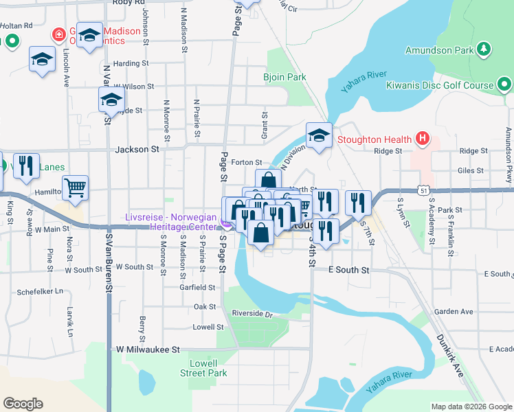 map of restaurants, bars, coffee shops, grocery stores, and more near 128 West Washington Street in Stoughton