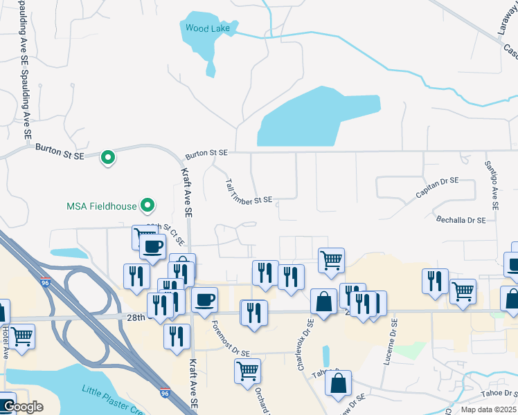 map of restaurants, bars, coffee shops, grocery stores, and more near 5778 Tall Timber Street Southeast in Grand Rapids