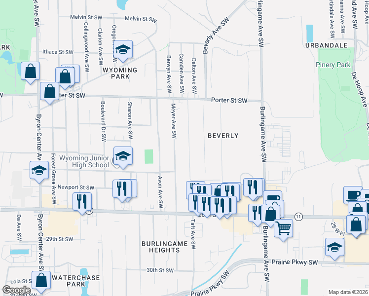 map of restaurants, bars, coffee shops, grocery stores, and more near 2532 Meyer Avenue Southwest in Wyoming