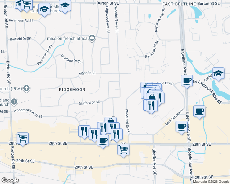 map of restaurants, bars, coffee shops, grocery stores, and more near 2456 Edgewood Avenue Southeast in Grand Rapids