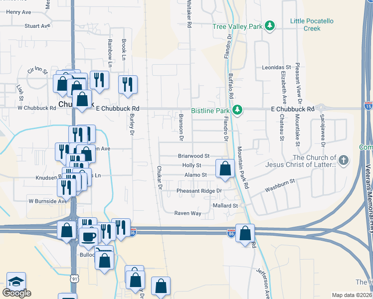 map of restaurants, bars, coffee shops, grocery stores, and more near 485 Chickadee Drive in Pocatello