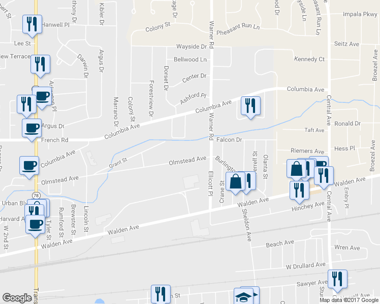 map of restaurants, bars, coffee shops, grocery stores, and more near 350 Olmstead Avenue in Depew