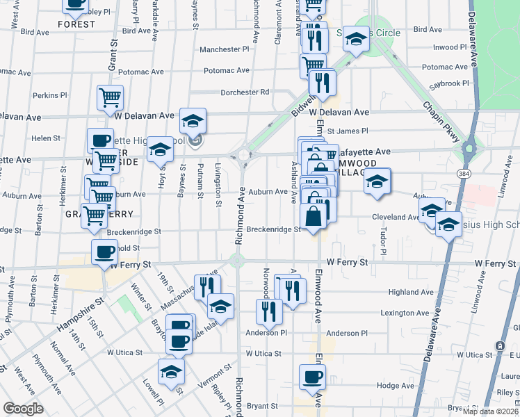 map of restaurants, bars, coffee shops, grocery stores, and more near 480 Norwood Avenue in Buffalo