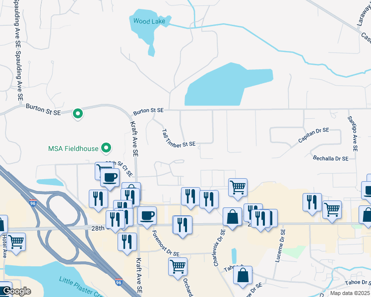 map of restaurants, bars, coffee shops, grocery stores, and more near 5778 Tall Timber Street Southeast in Grand Rapids