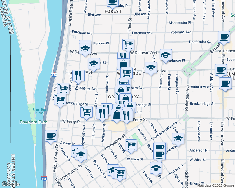 map of restaurants, bars, coffee shops, grocery stores, and more near 142 Grant Street in Buffalo