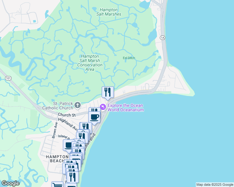 map of restaurants, bars, coffee shops, grocery stores, and more near 401C Ocean Boulevard in Hampton
