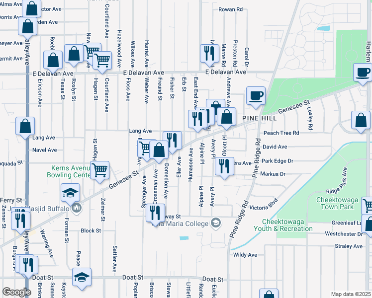 map of restaurants, bars, coffee shops, grocery stores, and more near in Buffalo