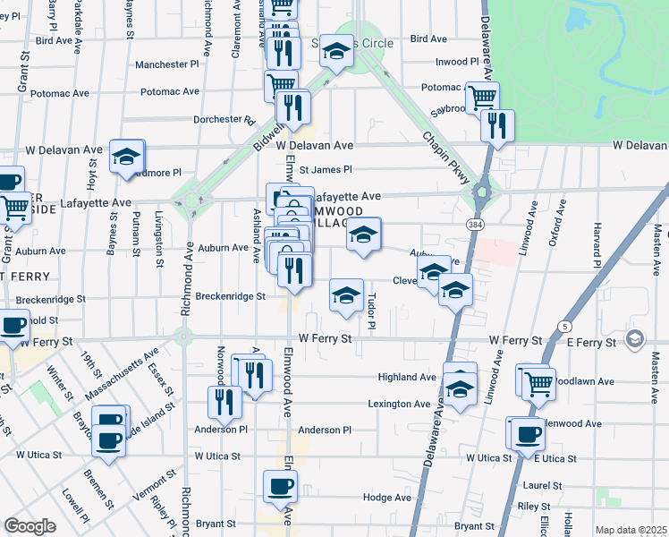 map of restaurants, bars, coffee shops, grocery stores, and more near 159 Cleveland Avenue in Buffalo