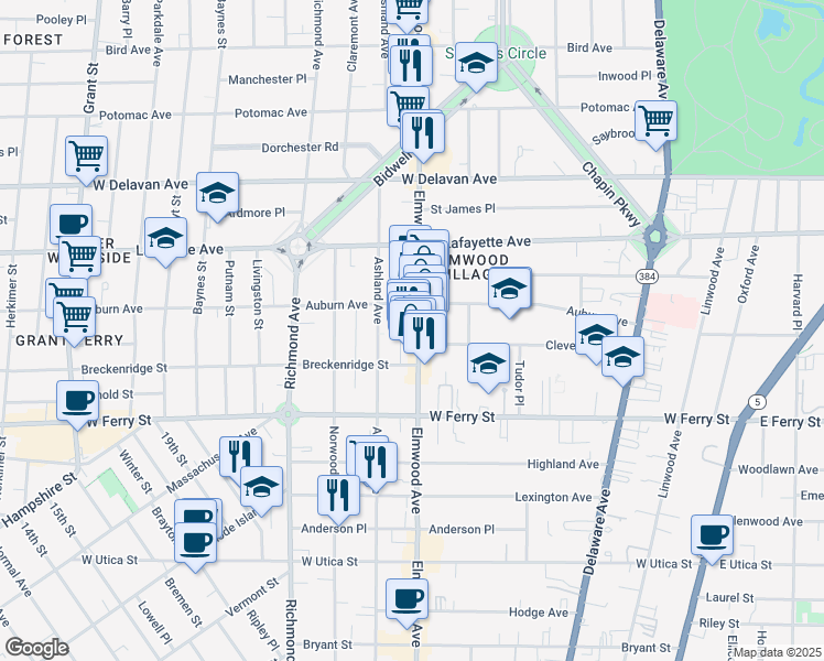 map of restaurants, bars, coffee shops, grocery stores, and more near 766 Elmwood Avenue in Buffalo