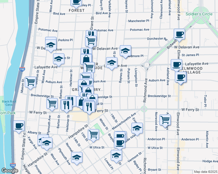 map of restaurants, bars, coffee shops, grocery stores, and more near in Buffalo