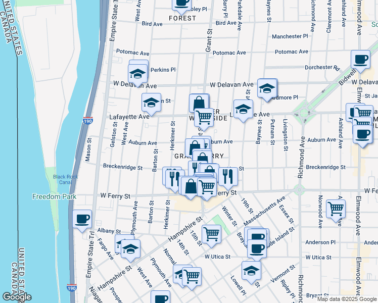 map of restaurants, bars, coffee shops, grocery stores, and more near 142 Grant Street in Buffalo