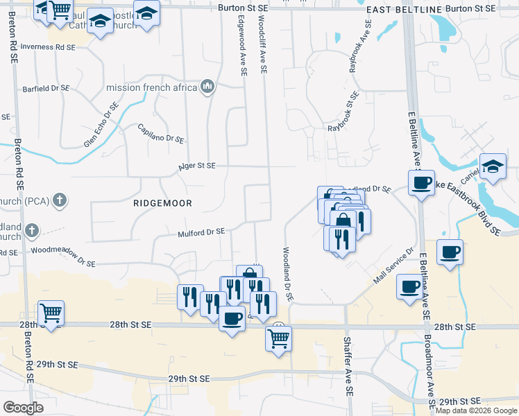 map of restaurants, bars, coffee shops, grocery stores, and more near 2456 Edgewood Avenue Southeast in Grand Rapids