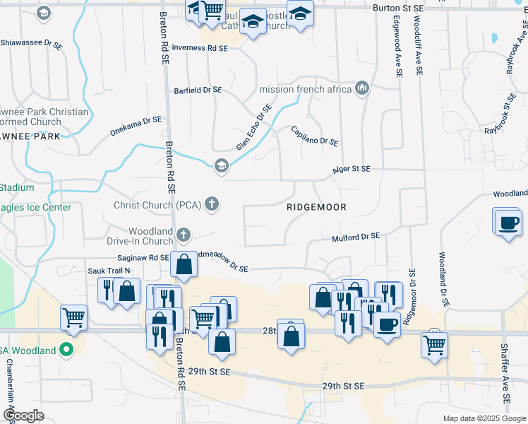 map of restaurants, bars, coffee shops, grocery stores, and more near 2604 Golfridge Drive Southeast in Grand Rapids