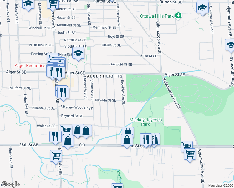map of restaurants, bars, coffee shops, grocery stores, and more near 2506 Raymond Avenue Southeast in Grand Rapids
