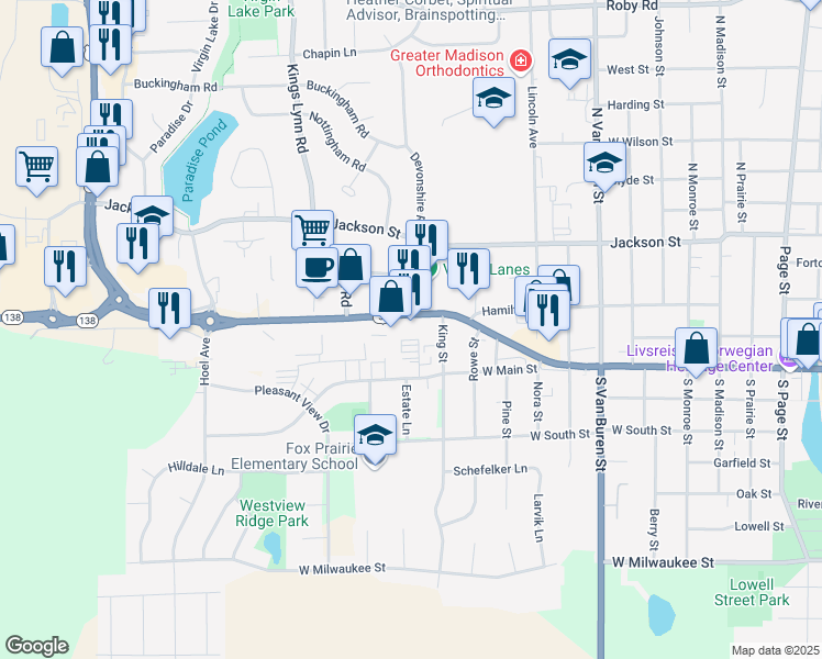 map of restaurants, bars, coffee shops, grocery stores, and more near 1429 U.S. 51 in Stoughton