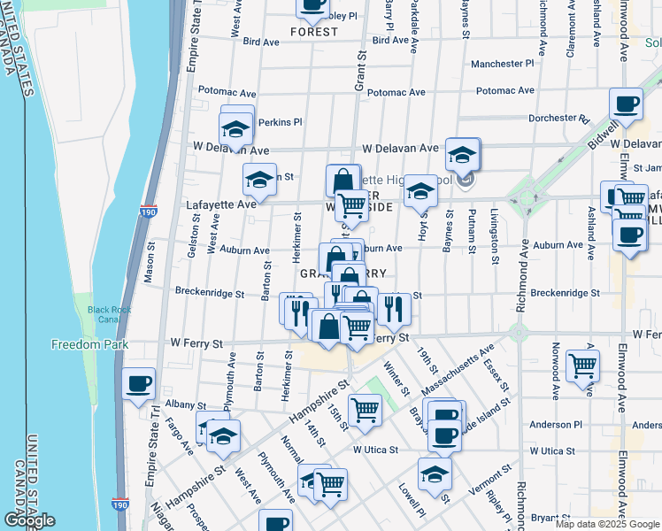 map of restaurants, bars, coffee shops, grocery stores, and more near 142 Grant Street in Buffalo
