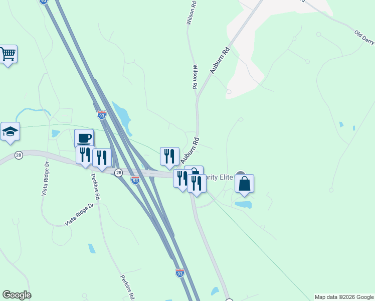 map of restaurants, bars, coffee shops, grocery stores, and more near 9 Auburn Road in Londonderry