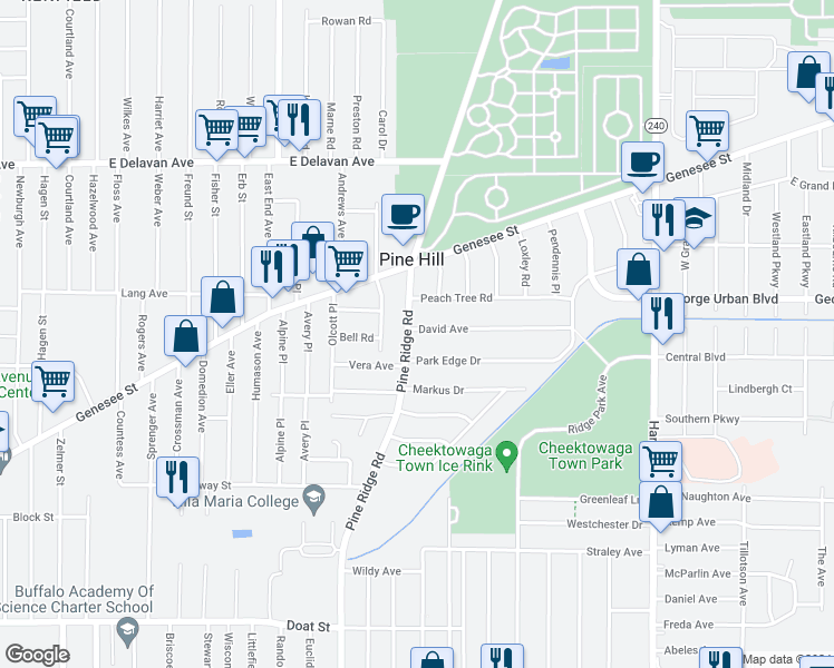 map of restaurants, bars, coffee shops, grocery stores, and more near 383 Pine Ridge Road in Buffalo
