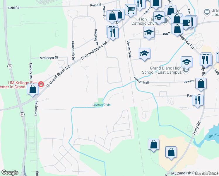 map of restaurants, bars, coffee shops, grocery stores, and more near 778 Layman Creek Circle in Grand Blanc