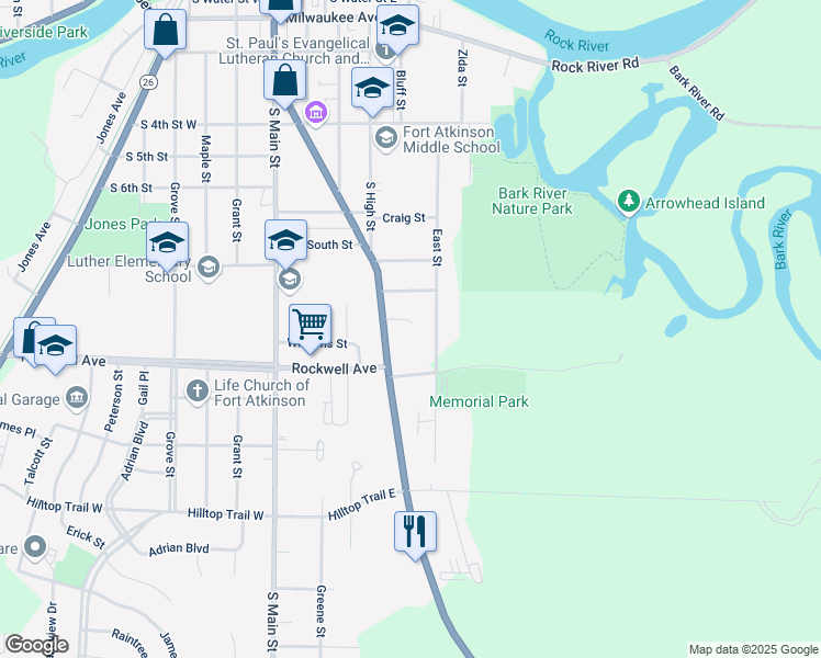 map of restaurants, bars, coffee shops, grocery stores, and more near 414 McKee Court in Fort Atkinson