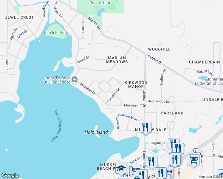 map of restaurants, bars, coffee shops, grocery stores, and more near S70W17598 Forest Drive in Muskego