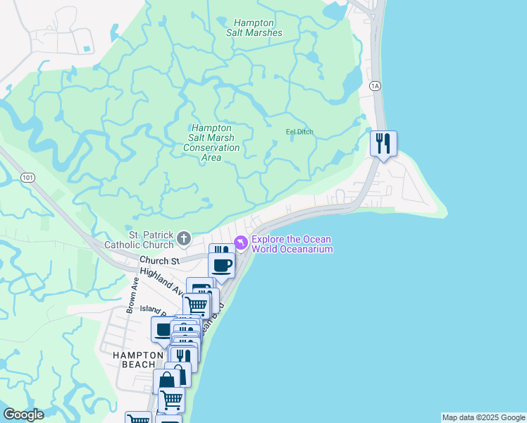 map of restaurants, bars, coffee shops, grocery stores, and more near 401C Ocean Boulevard in Hampton