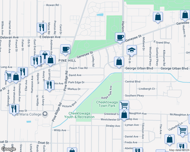 map of restaurants, bars, coffee shops, grocery stores, and more near 129 David Avenue in Buffalo