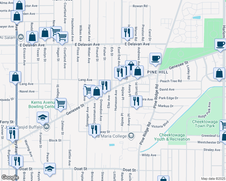 map of restaurants, bars, coffee shops, grocery stores, and more near in Buffalo